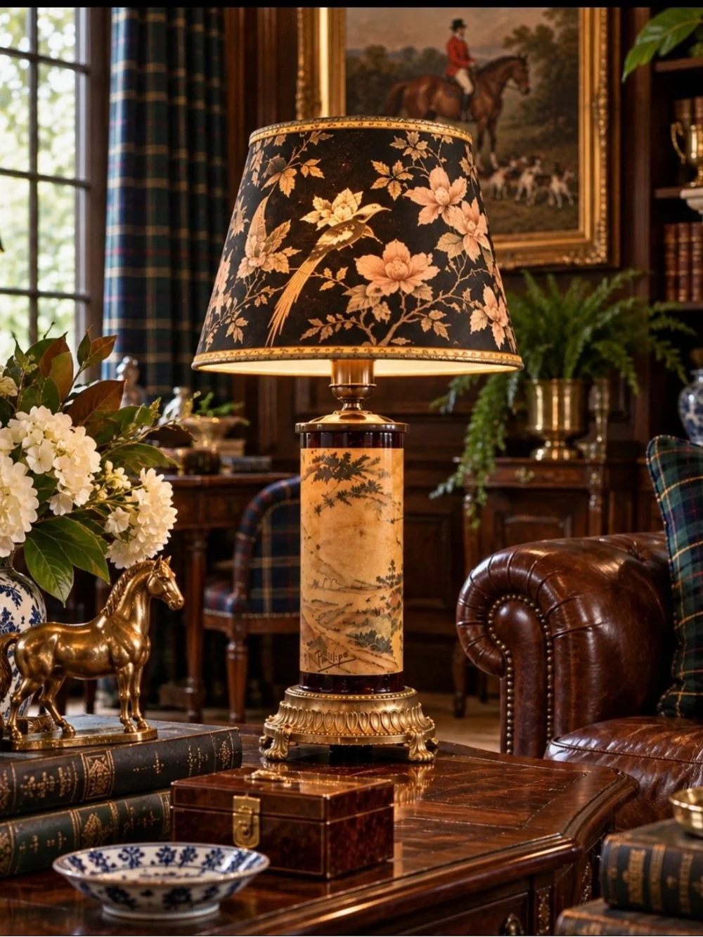 Title: Vintage Phillipe Pastoral Scene Cylinder Table Lamp Gold Tone